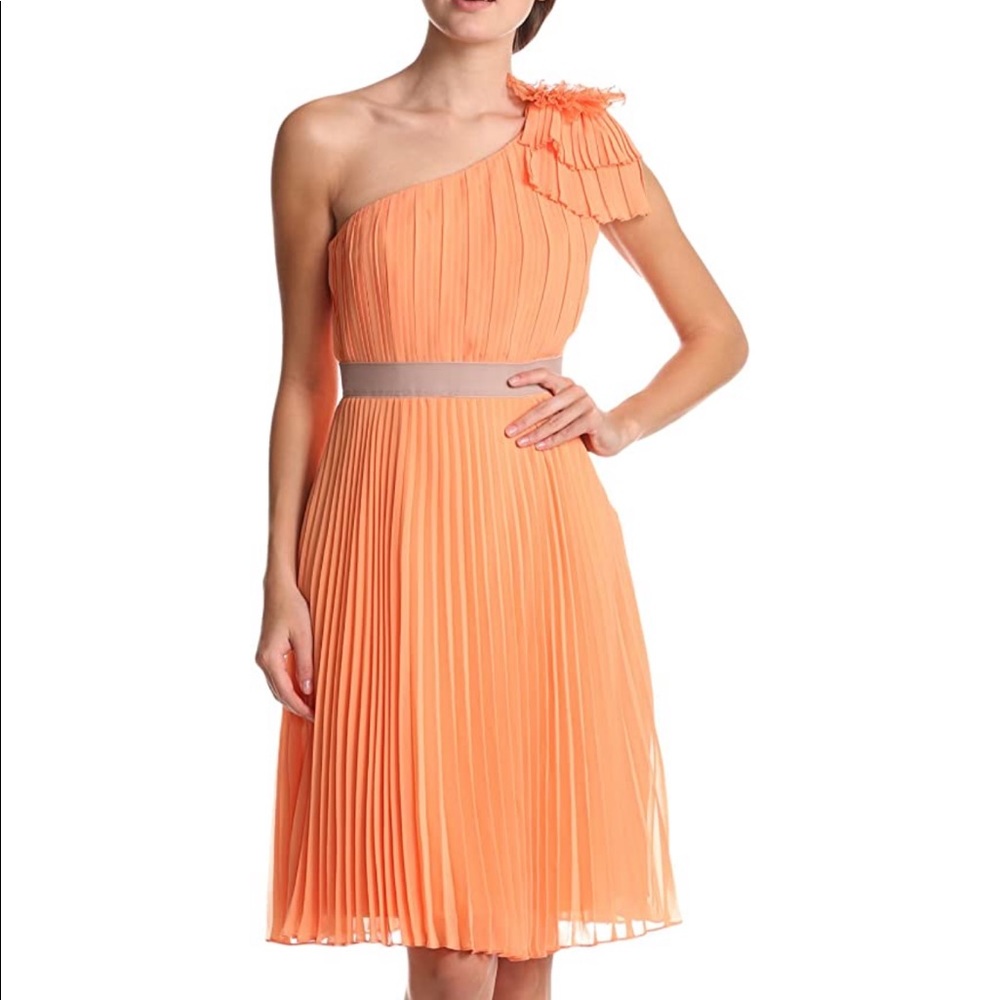 Bright peach BCBG RIKA ONE SHOULDER PLEATED DRESS